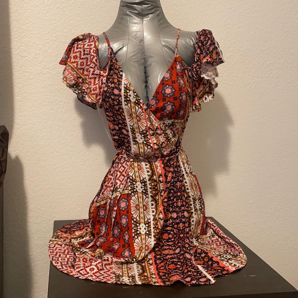 LF Red and Black Patterned Mini Boho Dress